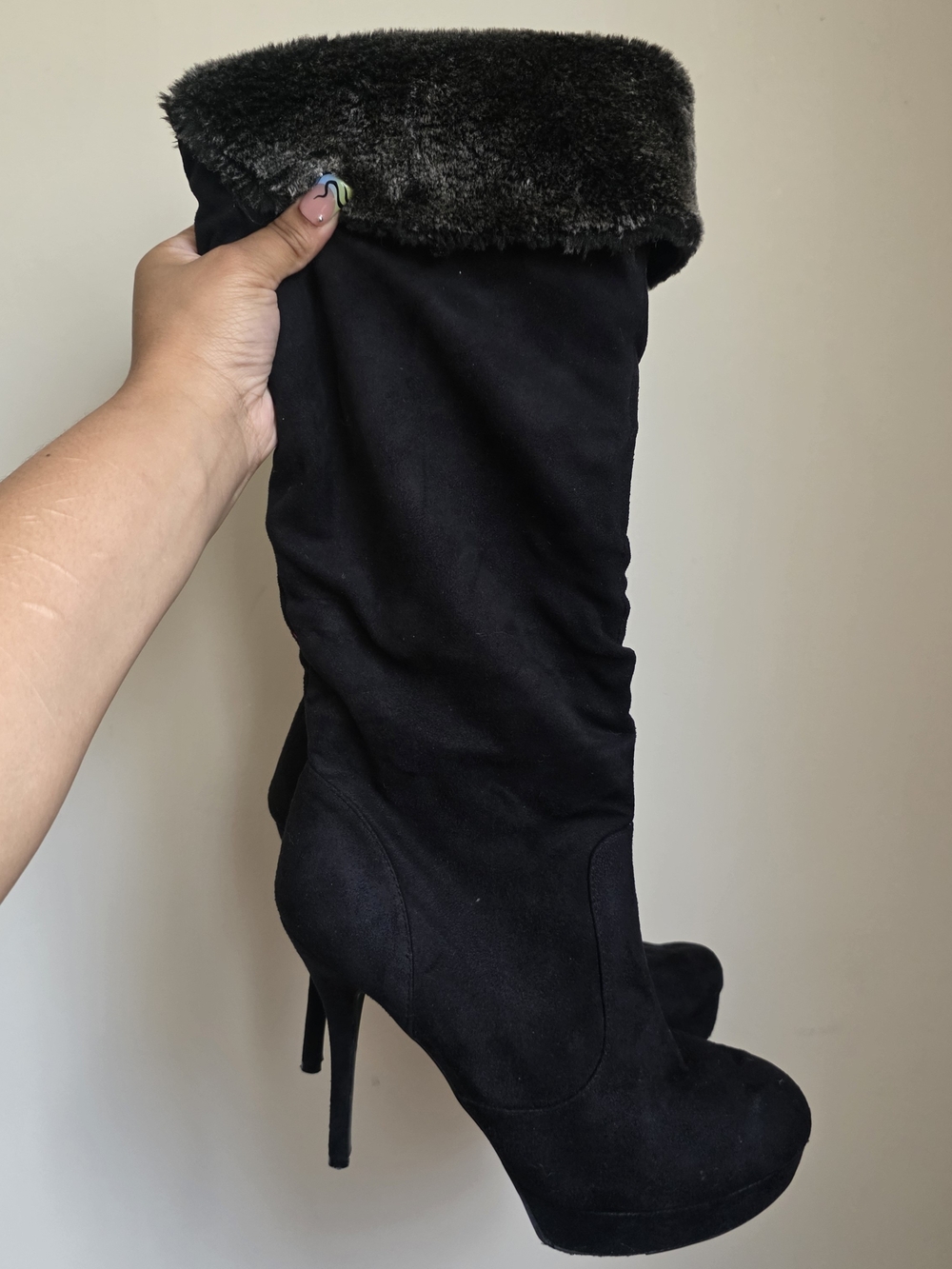 Rue21 Black Fur Trim Knee-High Stiletto Boots
